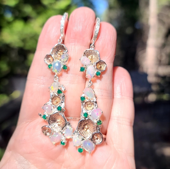 STUNNING Opal & Green Onyx floral chandelier sterling &gold dramatic earrings - Picture 7 of 8